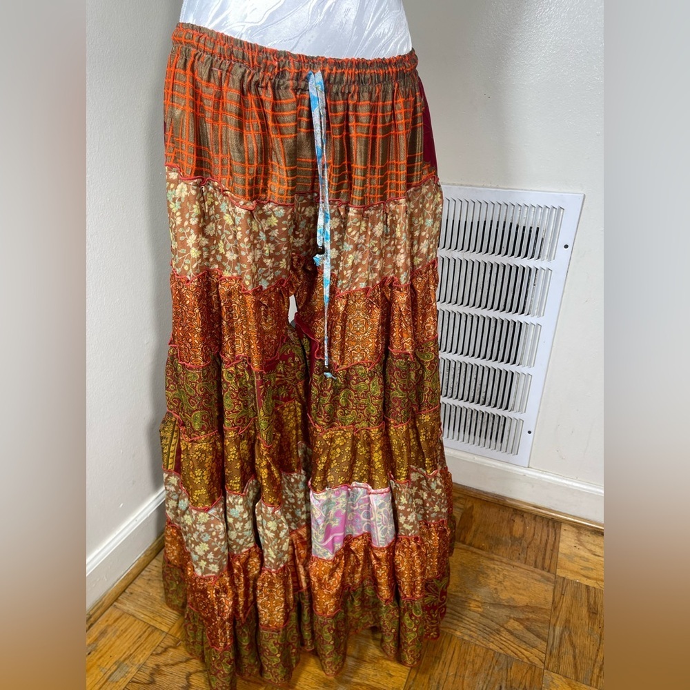 India Vintage Sari Printed Boho Gypsy Wide-Leg Palazzo Pants Trousers size OS - Picture 2 of 6
